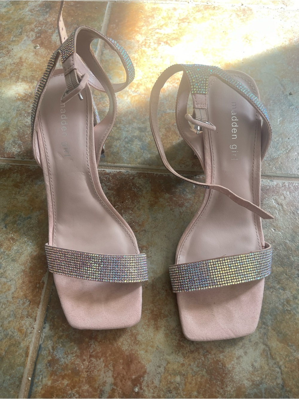 Madden Girl Pink Iridescent Rhinestone Ankle-Strap Heels